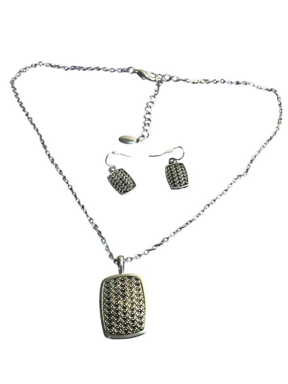Silvertone Textured Rectangle Pendant Necklace and Earrings Set